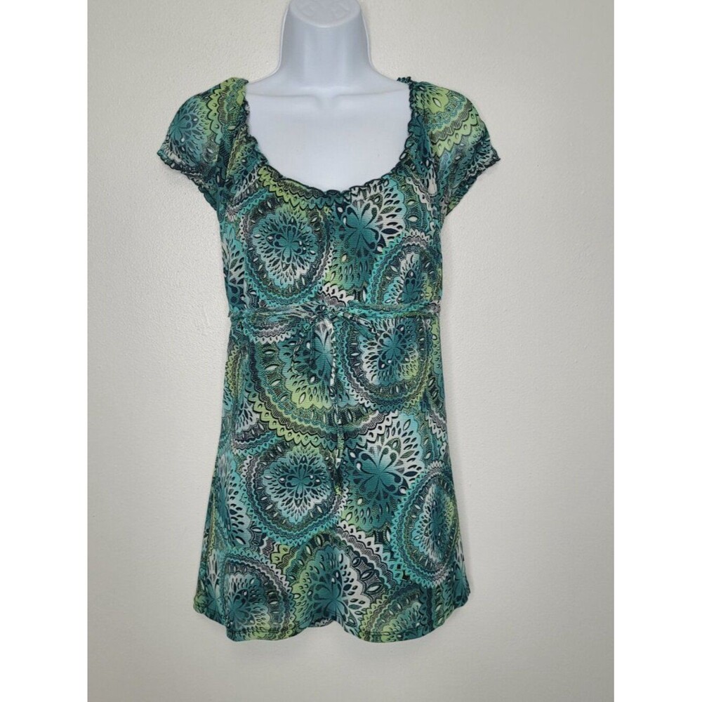 y2k Access blue green all over print boho babydoll short sleeve top size xl